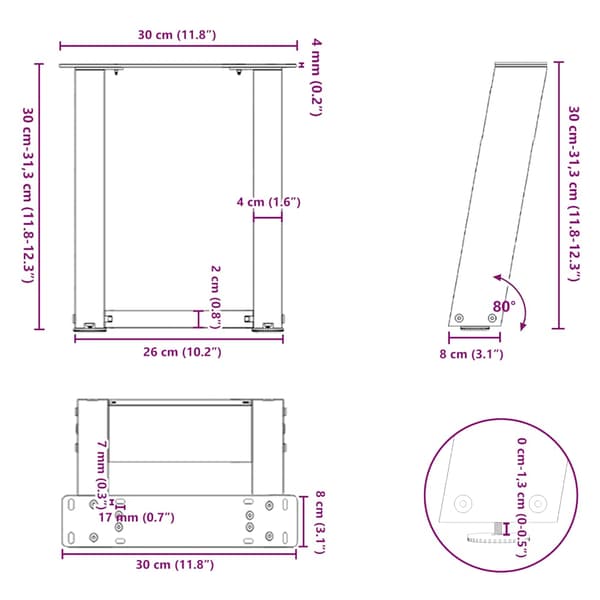 Soffbordsben U-formade 2 st naturstål 30x(30-31) cm stål