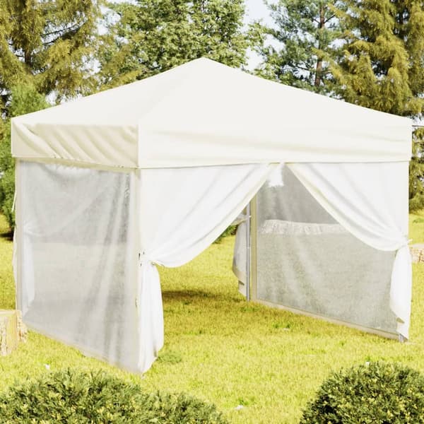 Hopfällbart partytält med sidoväggar gräddvit 3x3 m