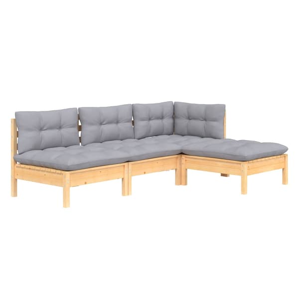 Loungegrupp med dynor 4 delar grå furu