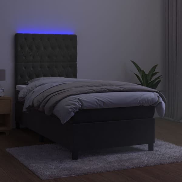 Ramsäng med madrass & LED mörkgrå 90x200 cm sammet