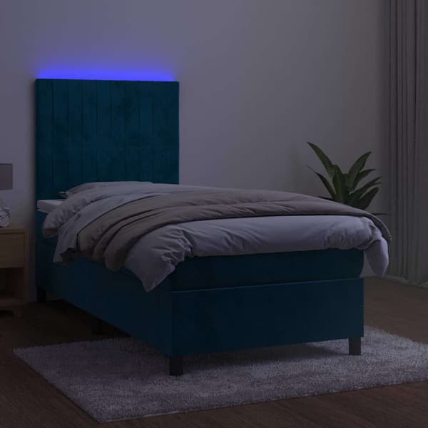 Ramsäng med madrass & LED mörkblå 90x190 cm sammet