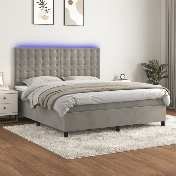 Ramsäng med madrass & LED ljusgrå 160x200 cm sammet