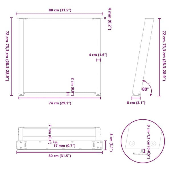 Matbordsben U-formade 2 st antracit 80x(72-73) cm stål