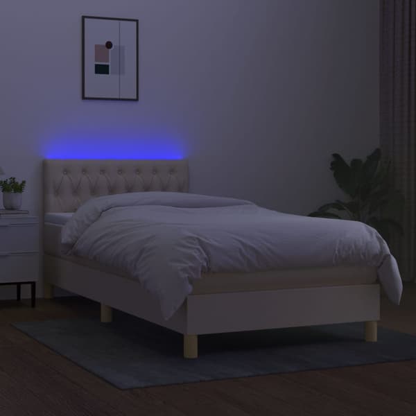 Ramsäng med madrass & LED gräddvit 100x200 cm tyg
