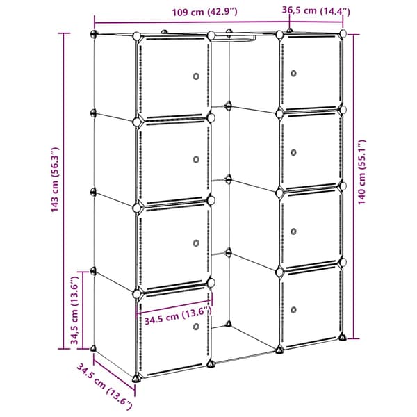 Modulär garderob 9 fack 109x36,5x143 cm vit