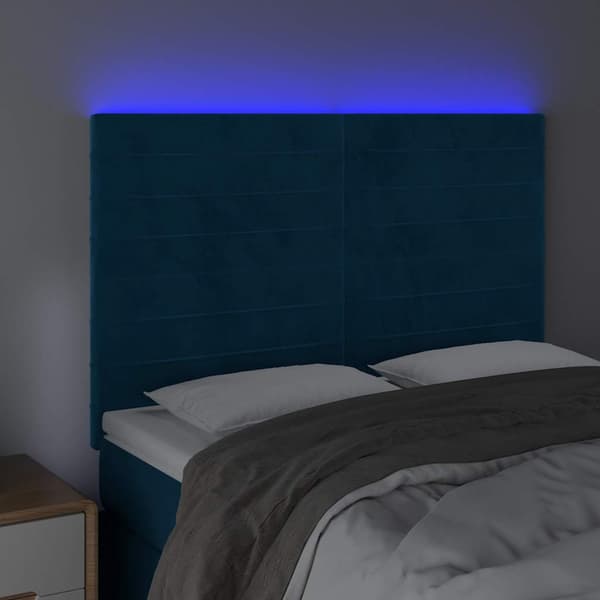 Sänggavel LED mörkblå 144x5x118/128 cm sammet