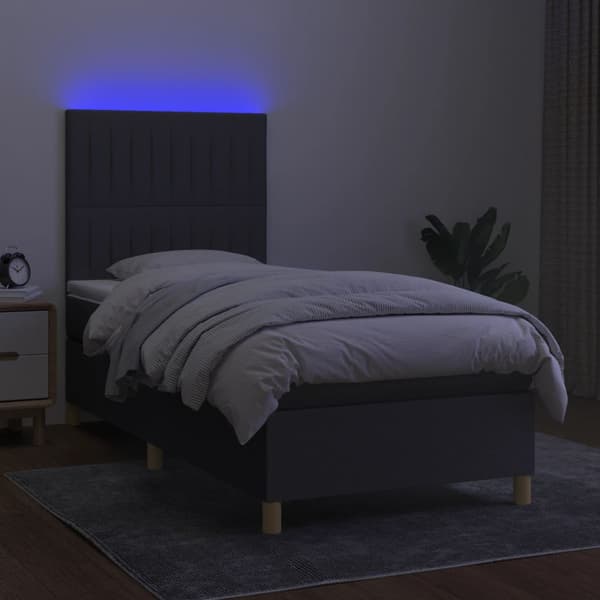 Ramsäng med madrass & LED mörkgrå 100x200 cm tyg