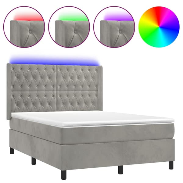 Ramsäng med madrass & LED ljusgrå 140x200 cm sammet