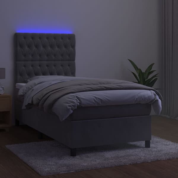 Ramsäng med madrass & LED ljusgrå 100x200 cm sammet