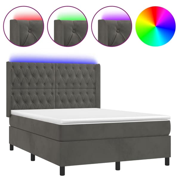 Ramsäng med madrass & LED mörkgrå 140x190 cm sammet