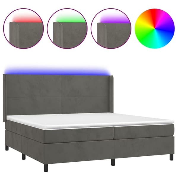 Ramsäng med madrass & LED mörkgrå 200x200 cm sammet