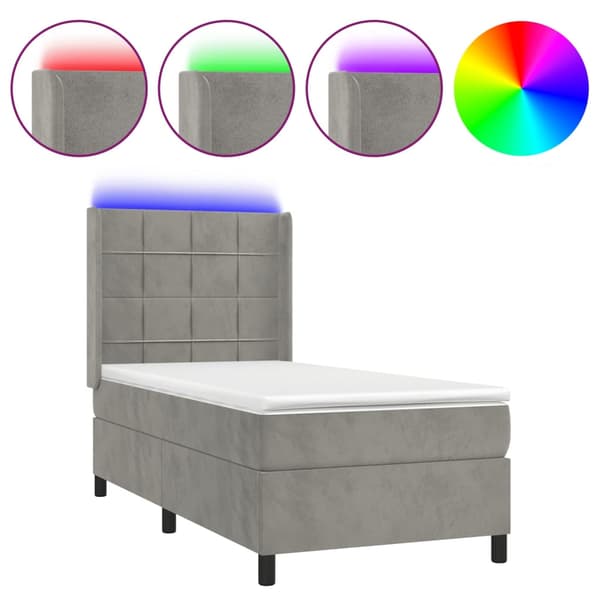 Ramsäng med madrass & LED ljusgrå 90x200 cm sammet