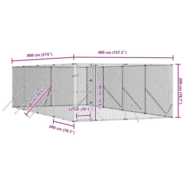 Hundgård för utomhusbruk silver 4x8x2 m galvaniserat stål