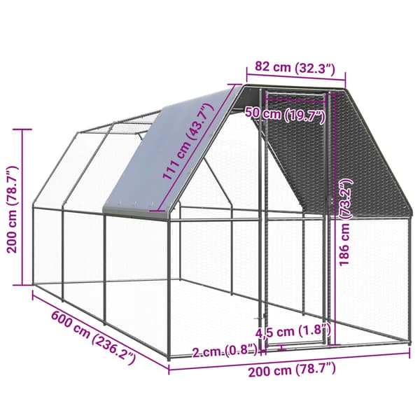Hönsbur för utomhusbruk 2x6x2 m galvaniserat stål