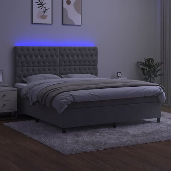 Ramsäng med madrass & LED ljusgrå 160x200 cm sammet