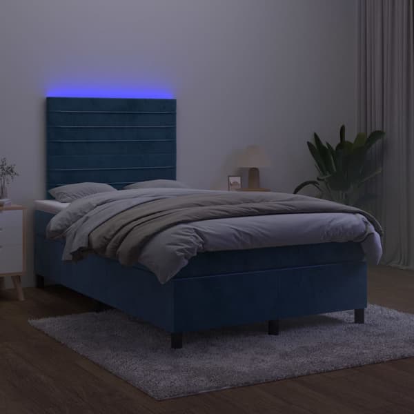 Ramsäng med madrass & LED mörkblå 120x190 cm sammet