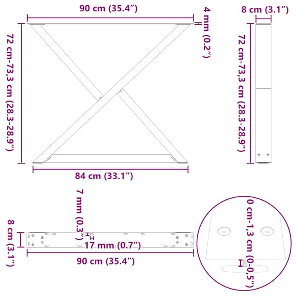 Matbordsben 2 st antracit 90x(72-73,3) cm stål