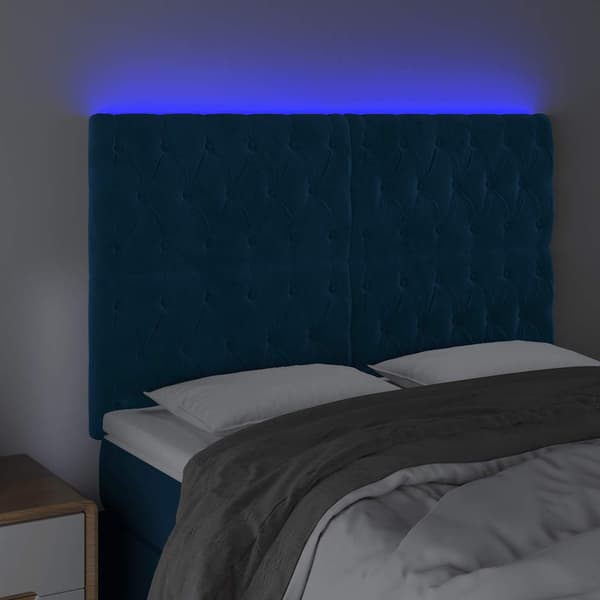 Sänggavel LED mörkblå 144x7x118/128 cm sammet