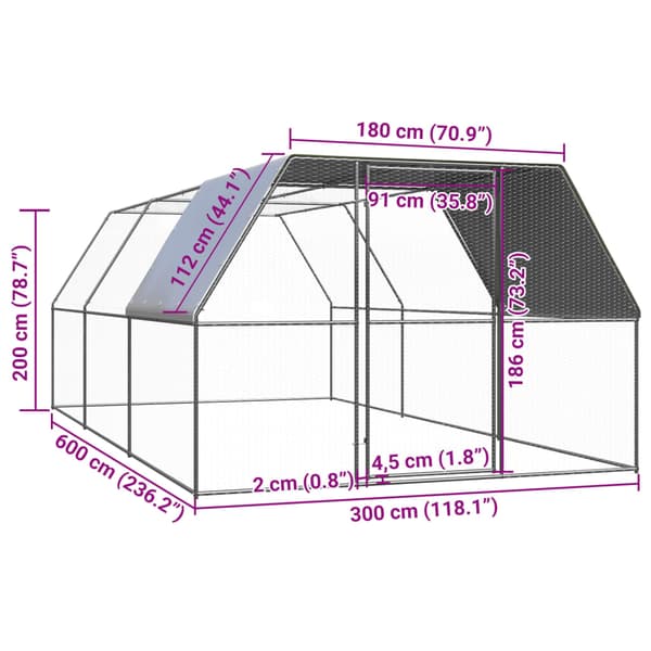Hönsbur för utomhusbruk 3x6x2 m galvaniserat stål