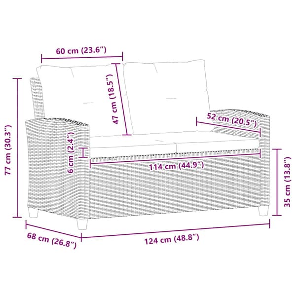 Trädgårdssoffa 2-sits med dynor grå 124 cm konstrotting