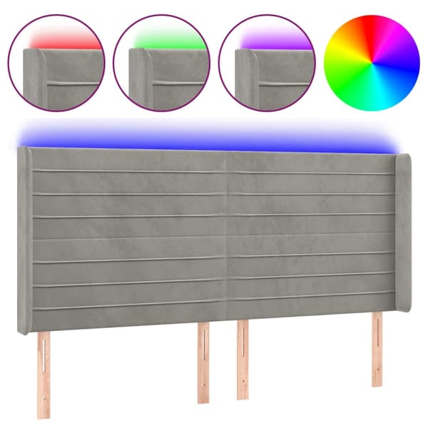 Sänggavel LED ljusgrå 203x16x118/128 cm sammet