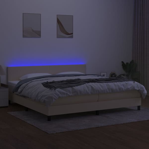 Ramsäng med madrass & LED gräddvit 200x200 cm tyg
