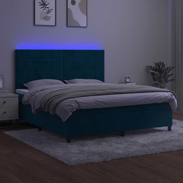 Ramsäng med madrass & LED mörkblå 180x200 cm sammet