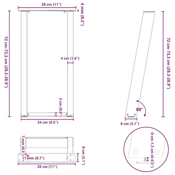 Konsolbordsben U-formade 2 st svarta 28x(72-73) cm stål