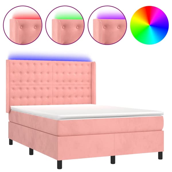 Ramsäng med madrass rosa & LED 140x190 cm sammet