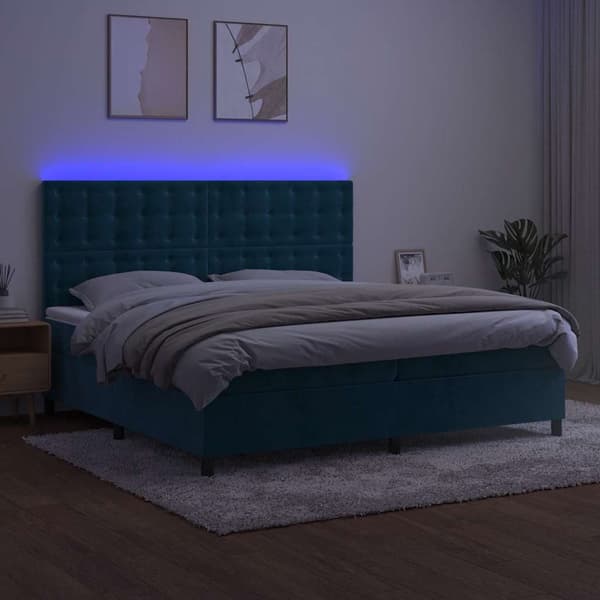 Ramsäng med madrass & LED mörkblå 200x200 cm sammet