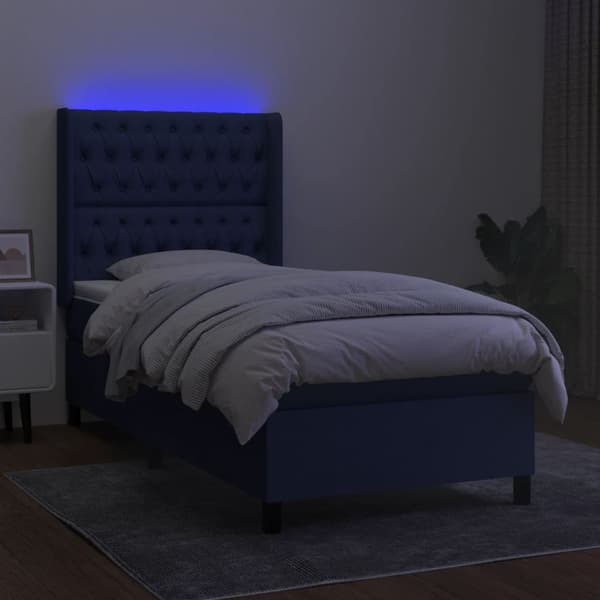 Ramsäng med madrass & LED blå 90x190 cm tyg