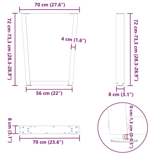 Matbordsben V-formade 3 st antracit 70x(72-73,3) cm stål