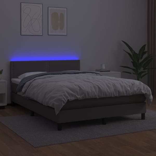 Ramsäng med madrass & LED grå 140x190 cm konstläder