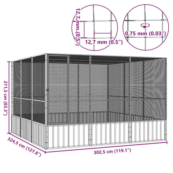 Fågelbur grå 302,5x324,5x211,5 cm galvaniserat stål