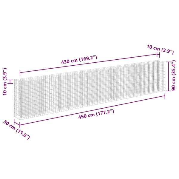 Planteringsgabion upphöjd galvaniserat stål 450x30x90 cm