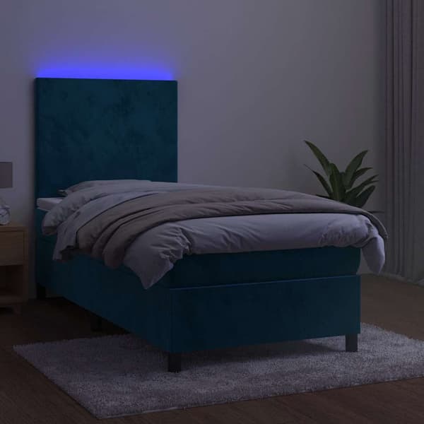 Ramsäng med madrass & LED mörkblå 90x200 cm sammet