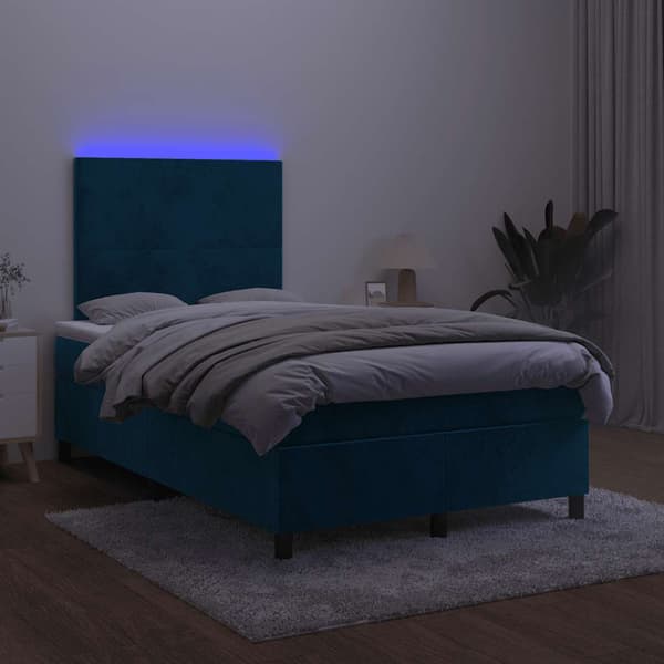 Ramsäng med madrass & LED mörkblå 120x200 cm sammet