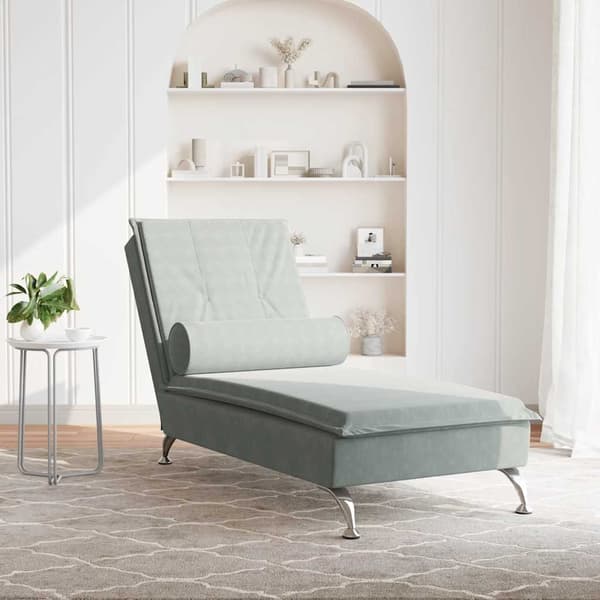 Massageschäslong med bolster ljusgrå sammet