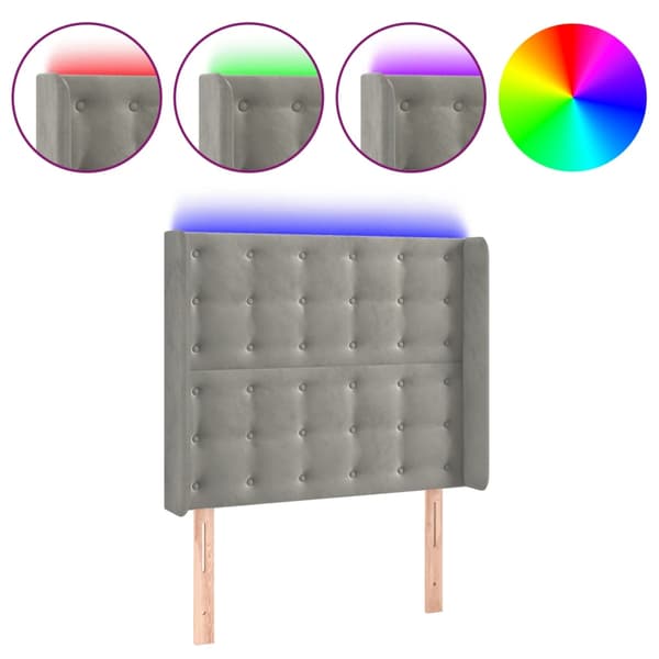 Sänggavel LED ljusgrå 103x16x118/128 cm sammet