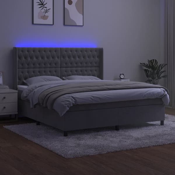 Ramsäng med madrass & LED ljusgrå 160x200 cm sammet