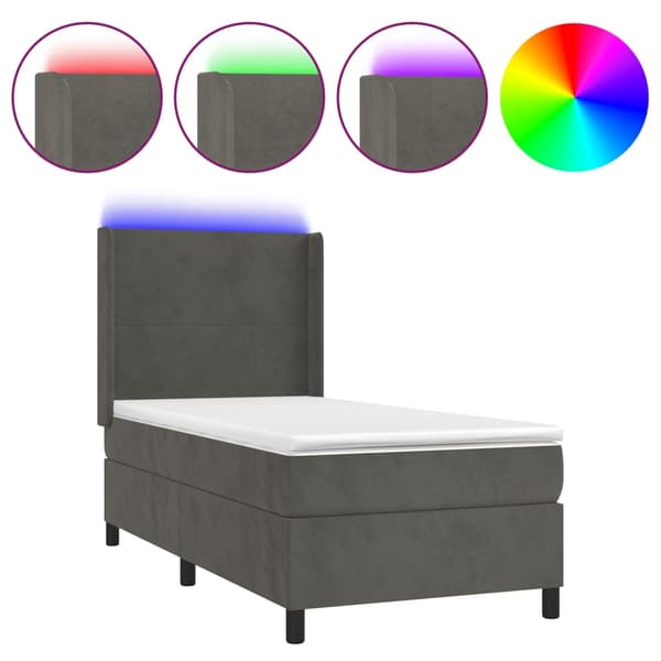 Ramsäng med madrass & LED mörkgrå 90x200 cm sammet