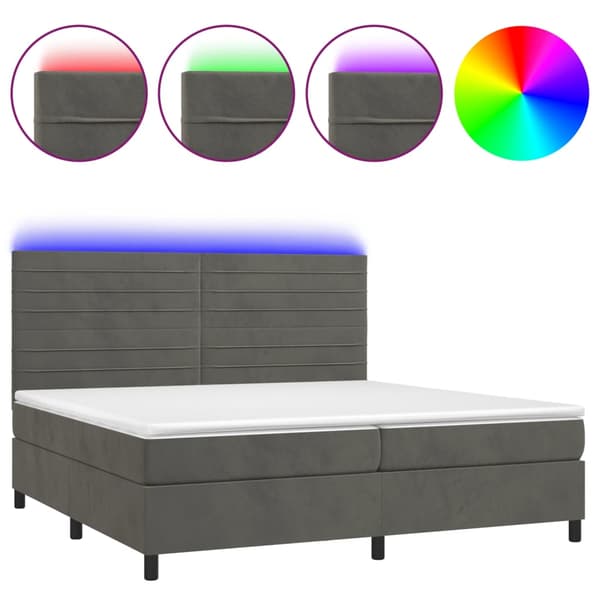 Ramsäng med madrass & LED mörkgrå 200x200 cm sammet