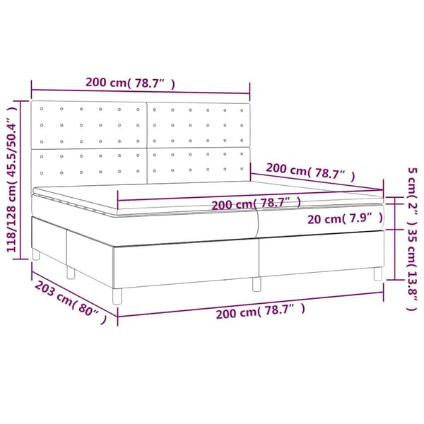 Ramsäng med madrass & LED mörkblå 200x200 cm sammet