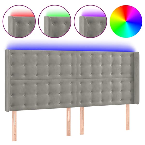 Sänggavel LED ljusgrå 203x16x118/128 cm sammet