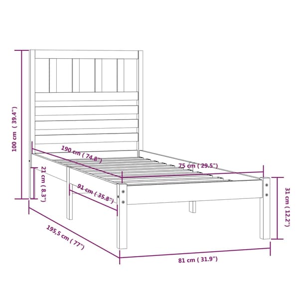 Sängram 75x190 cm massiv furu vit
