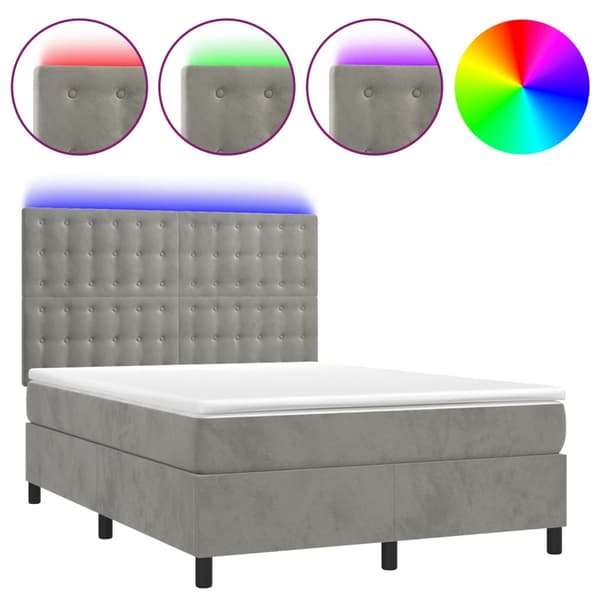 Ramsäng med madrass & LED ljusgrå 140x190 cm sammet