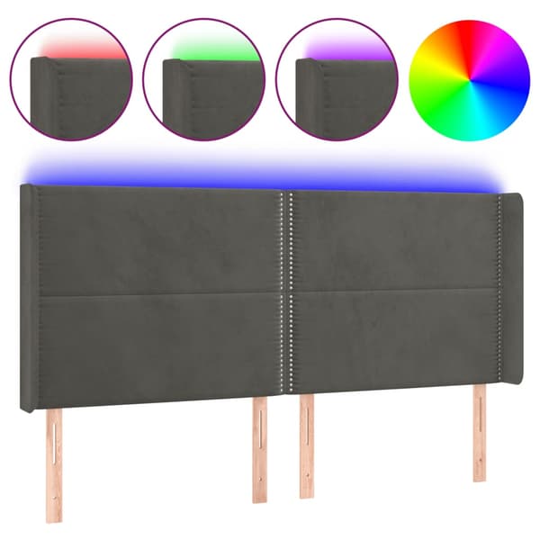 Sänggavel LED mörkgrå 163x16x118/128 cm sammet