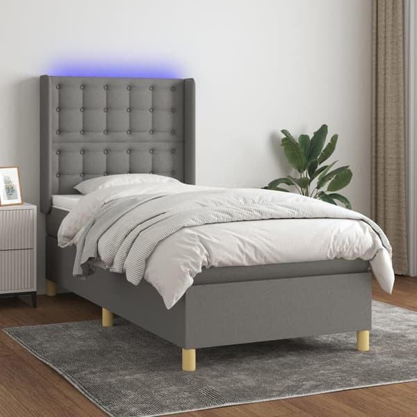 Ramsäng med madrass & LED mörkgrå 100x200 cm tyg