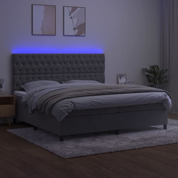 Ramsäng med madrass & LED ljusgrå 200x200 cm sammet