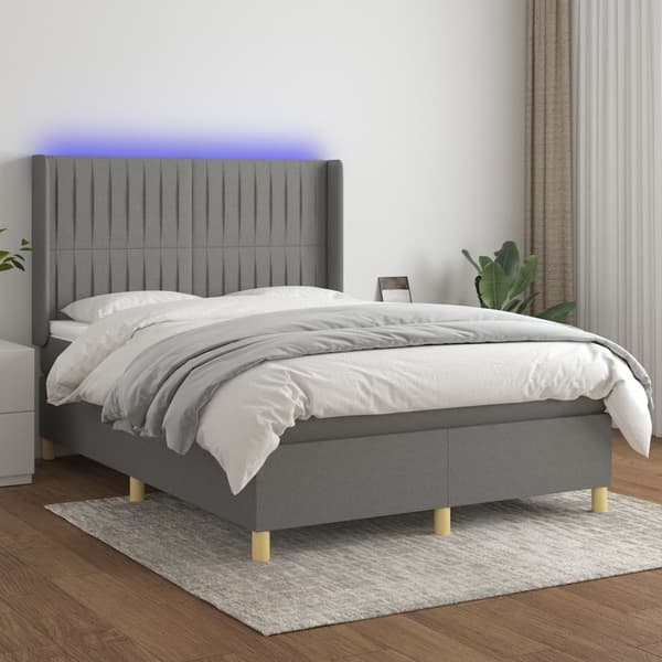 Ramsäng med madrass & LED mörkgrå 140x190 cm tyg